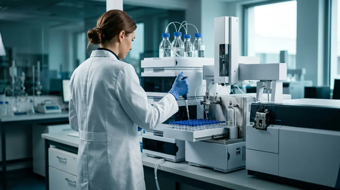 An ISS analyst pipetting into an autosampler tray at an LC-MS workstation