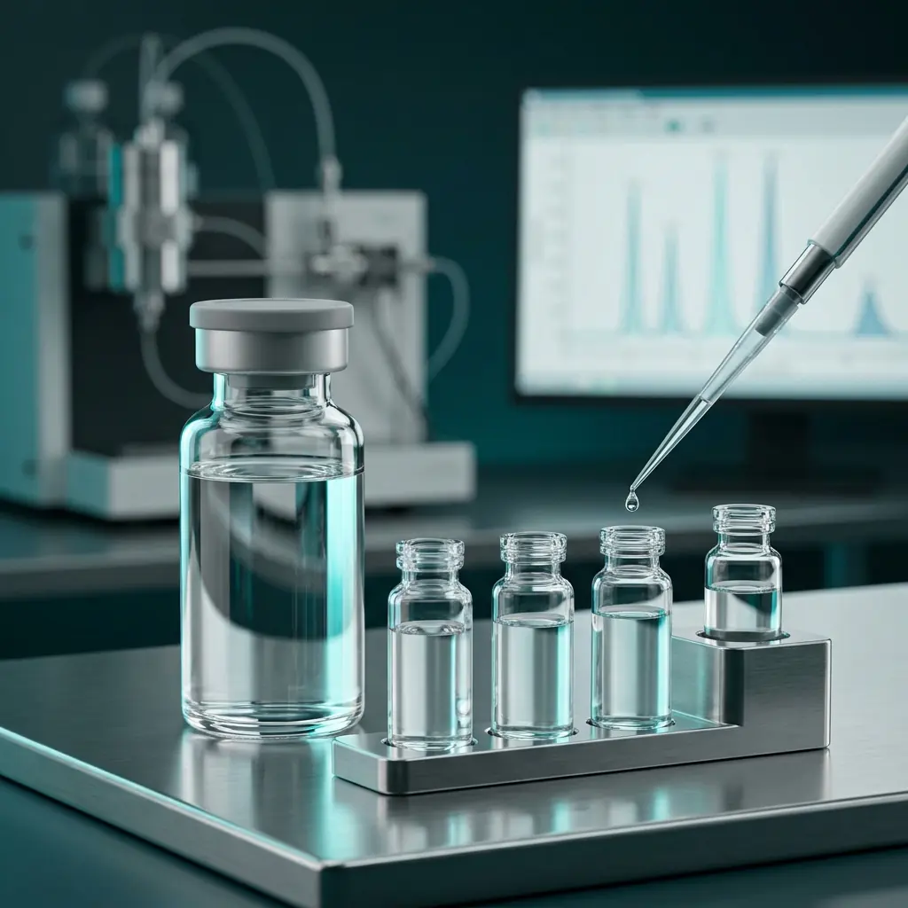 A pipette dispensing into a rack of autosampler vials beside a sealed formulation vial