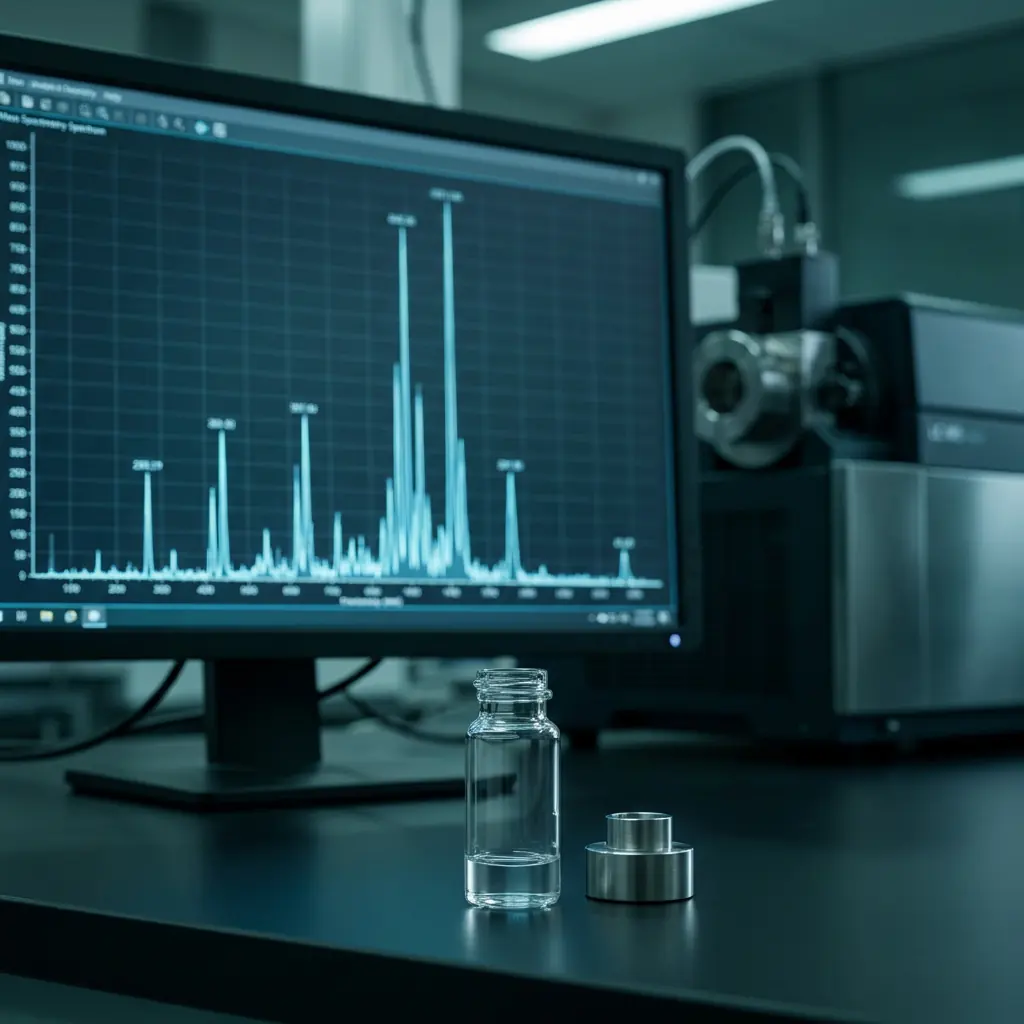 A mass spectrum on screen beside an uncapped sample vial at a mass spectrometer