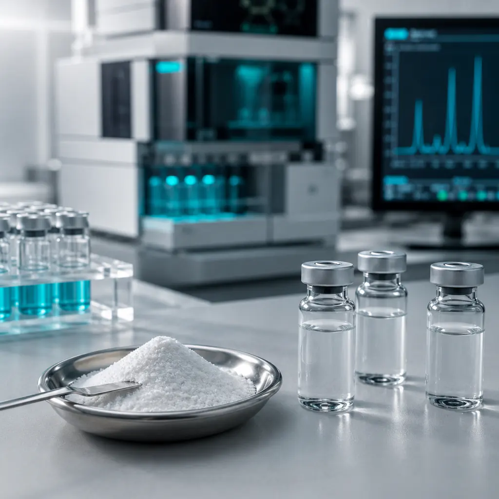 Peptide powder weighed into a steel dish beside empty vials, with a chromatography system and its trace behind