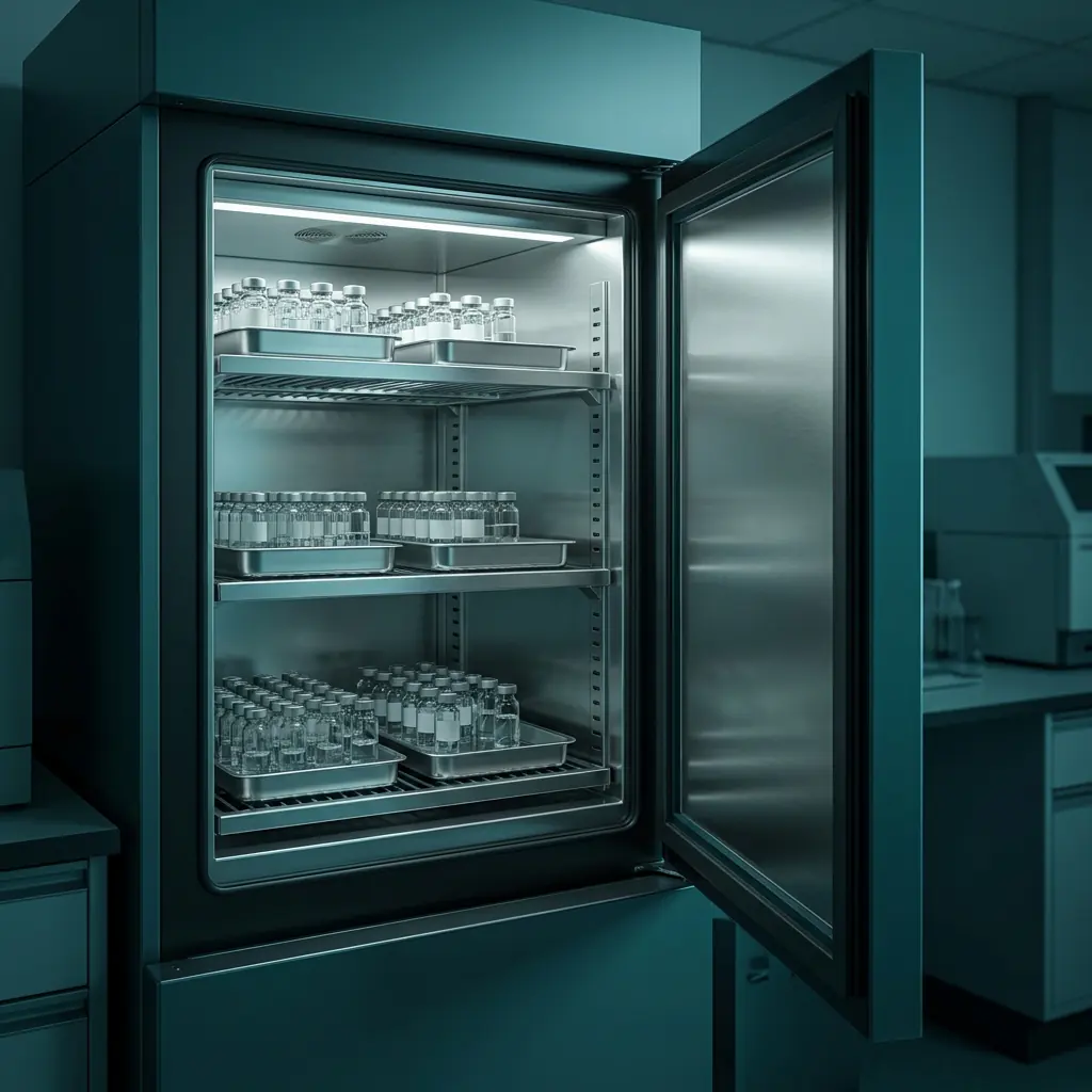 Trays of labelled sample vials on the shelves of an open stability chamber