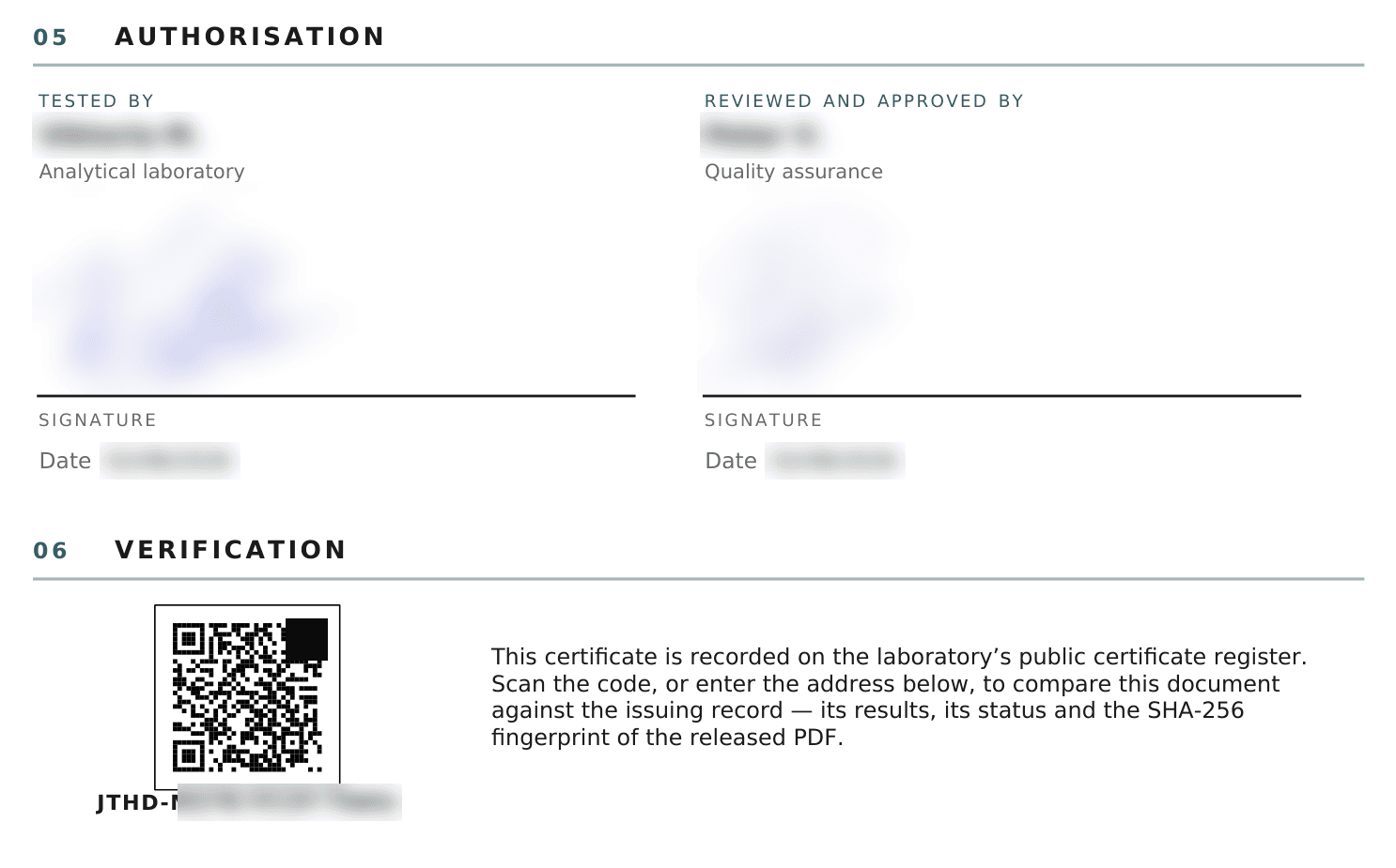 Excerpt of a certificate's last page showing sections 05 — Authorisation and 06 — Verification. The QR code and the 16-character code printed beneath it sit in section 06; names, signatures, dates and the code itself are obscured in this example.